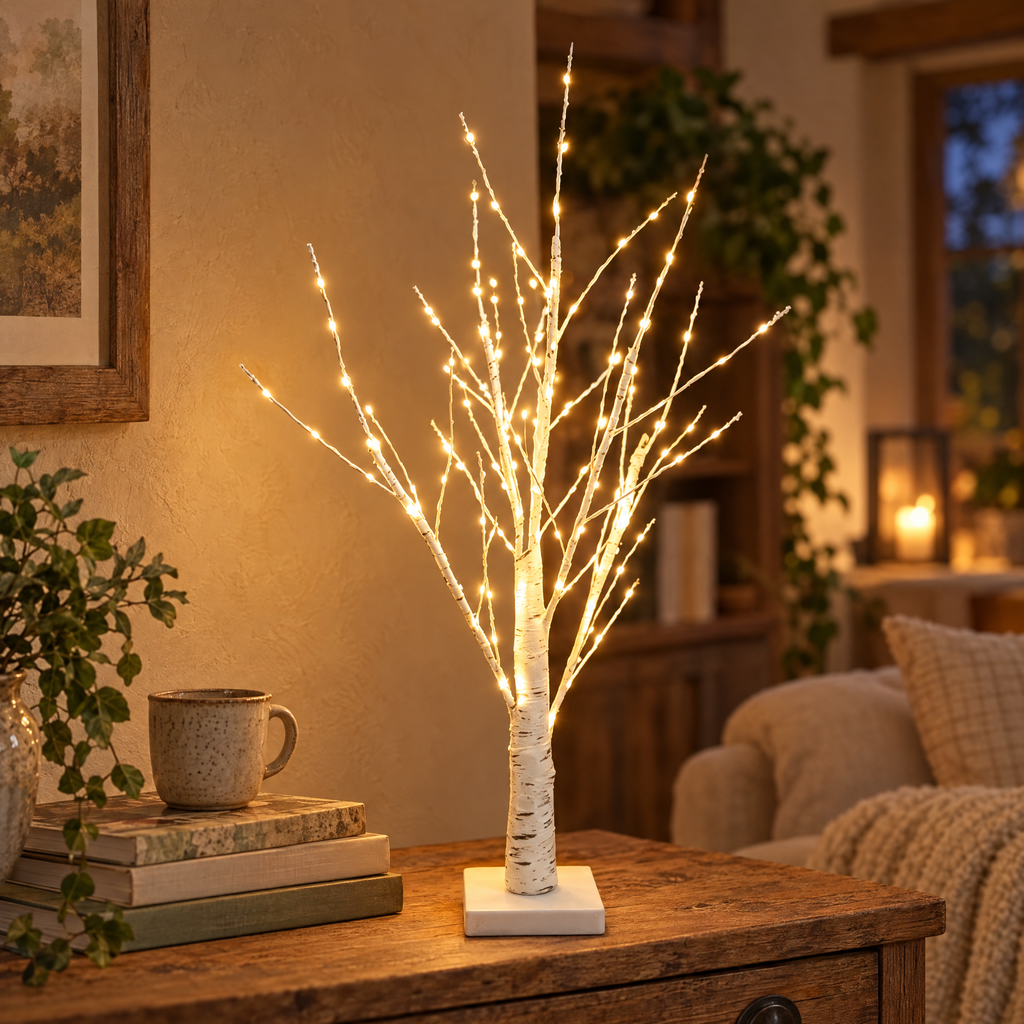 lighted birch tree with warm white LEDs glowing on a wooden table