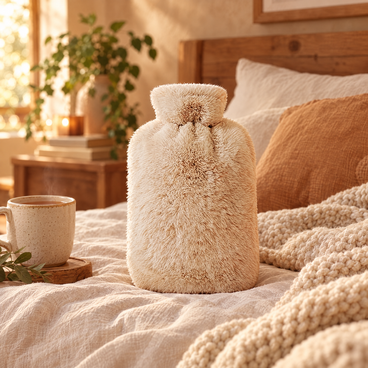 hot water bottle in a fluffy plush cover on a cozy bed
