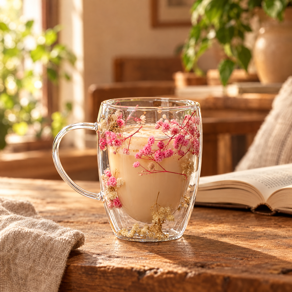 double wall glass mug with dried pink flowers filled with a latte