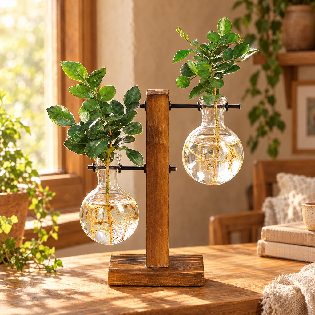 wooden propagation station with two glass bulb vases and plant cuttings