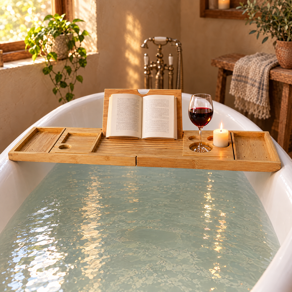 bamboo bathtub caddy tray resting across both rims of a bathtub with a book, wine glass and candle