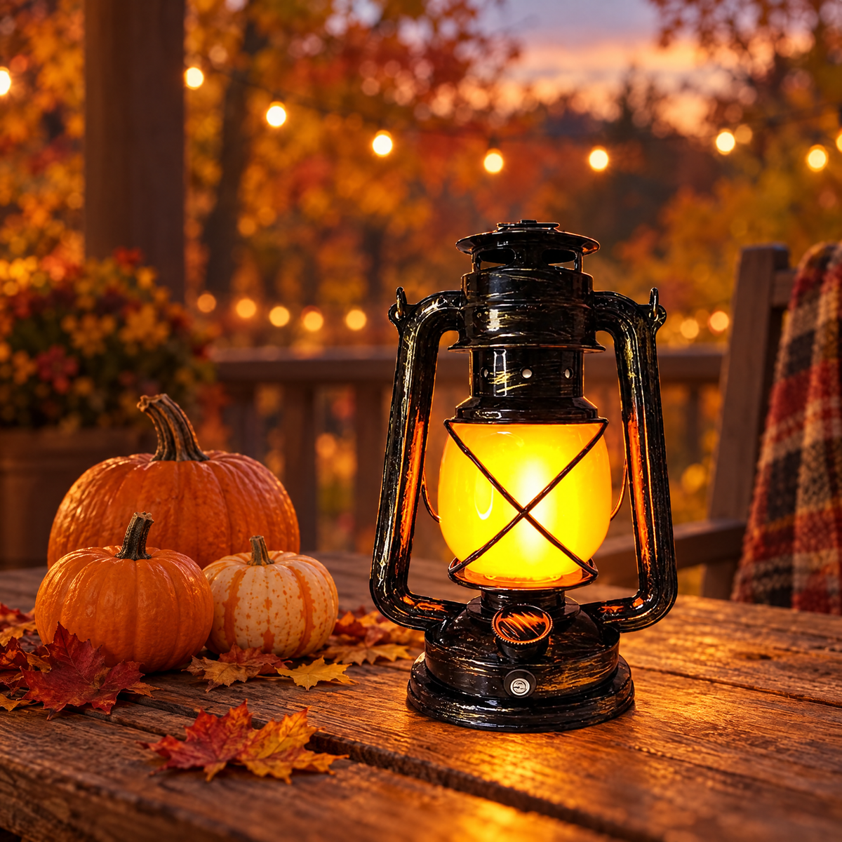 Vintage rechargeable lantern glowing on an autumn porch table
