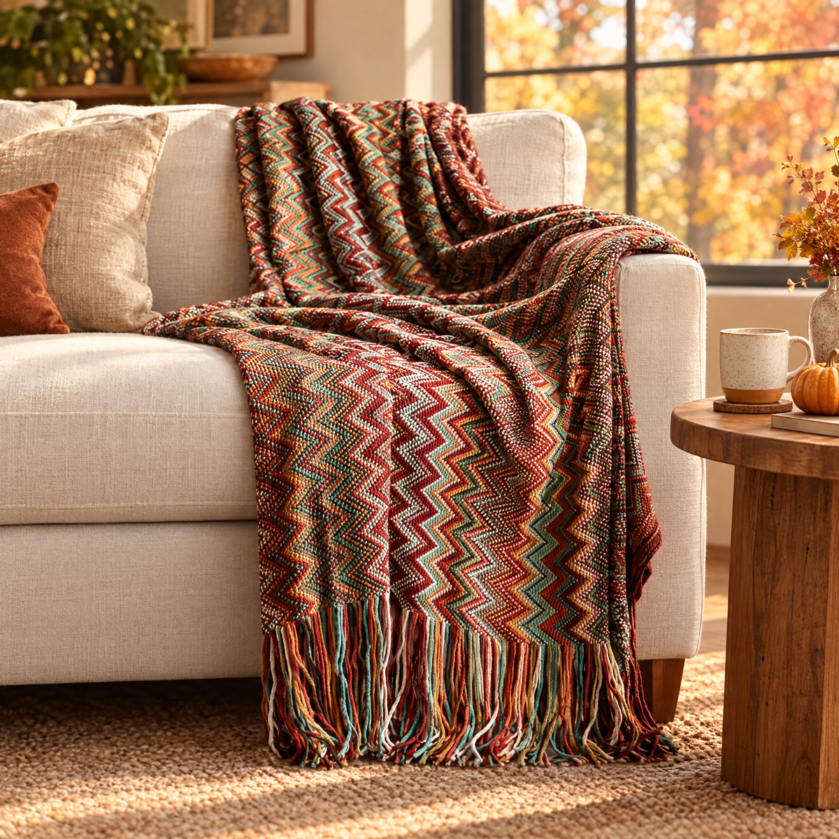 Boho chevron woven throw with tassels draped on a cream sofa