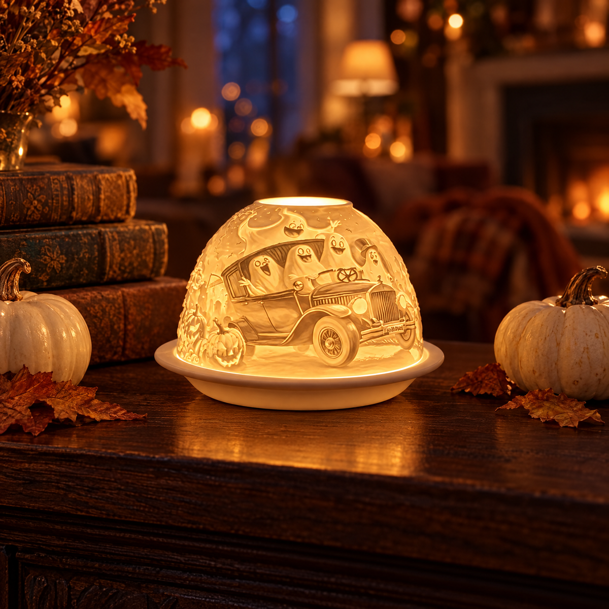 Porcelain ghost tealight dome glowing on a mantel