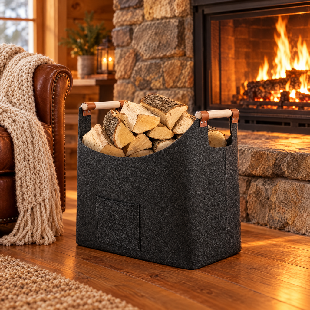 Felt firewood basket with wood handles beside a stone fireplace
