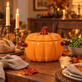 Orange ceramic pumpkin casserole on an autumn dinner table