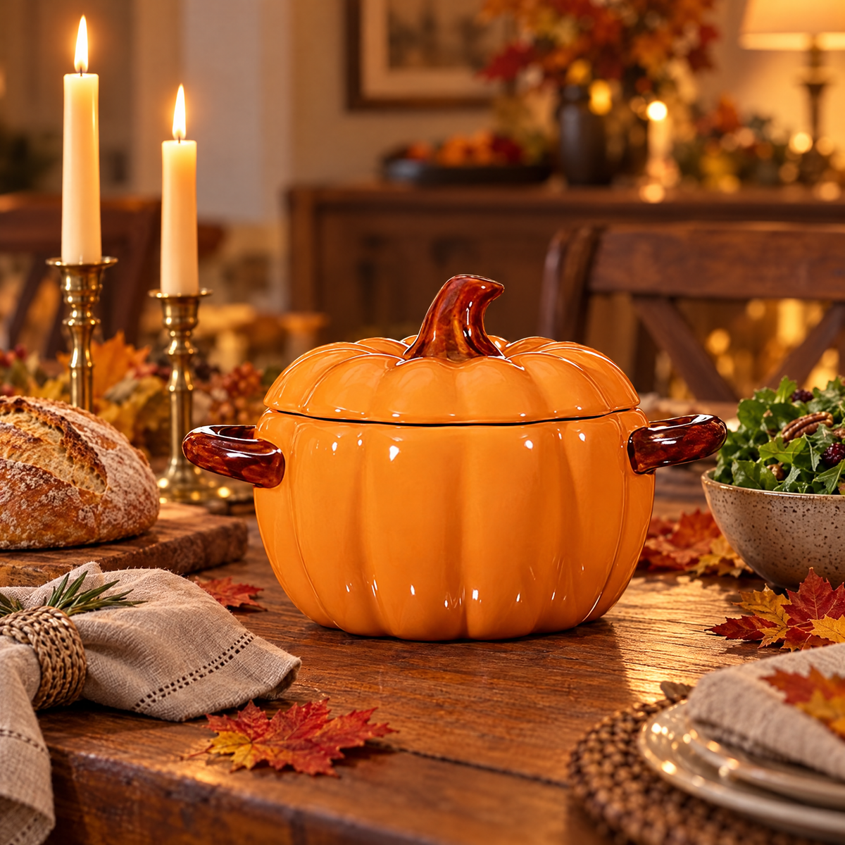Orange ceramic pumpkin casserole on an autumn dinner table