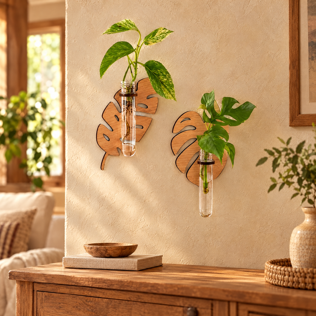 Two leaf-shaped wooden wall planters with pothos cuttings in glass tubes