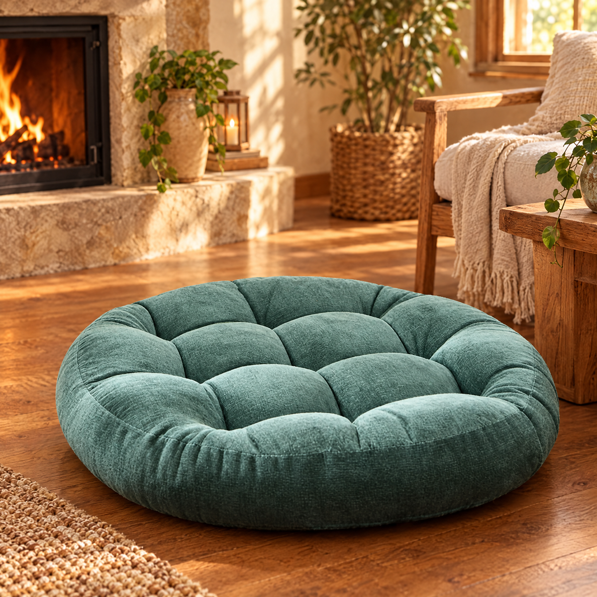 Green tufted corduroy floor cushion by a fireplace