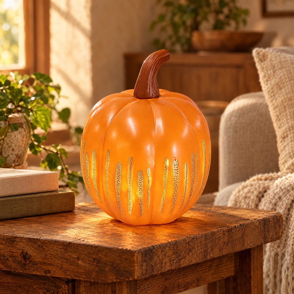Glimmer Pumpkin Lamp glowing on a rustic wooden side table