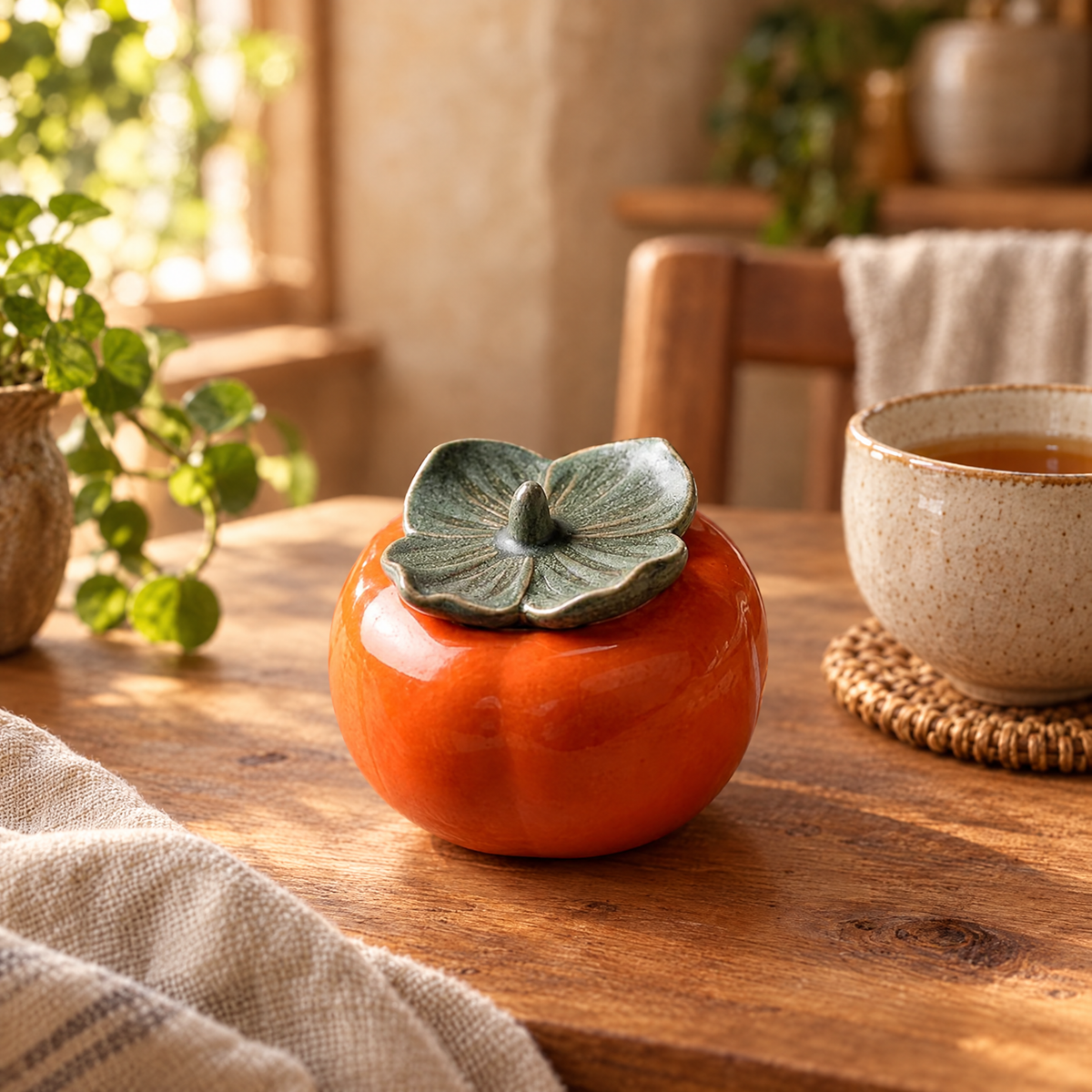 Persimmon ceramic jar on a wooden kitchen table beside a cup of tea