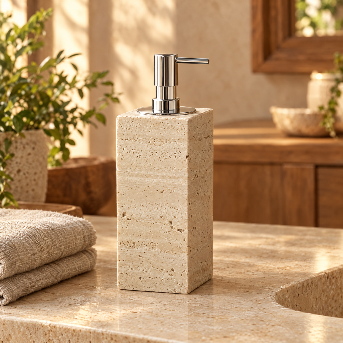 Travertine soap dispenser on a stone bathroom vanity