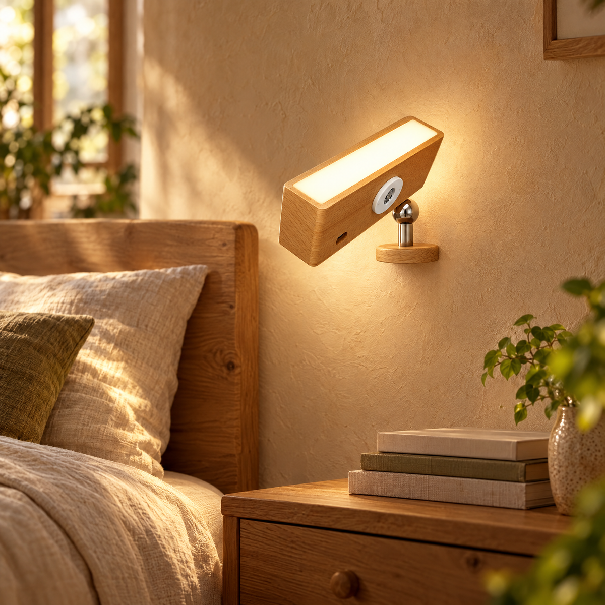 Wooden wall sconce glowing above a bedside table