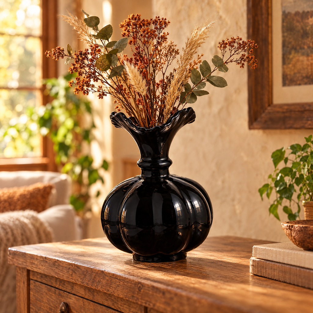 Black ceramic pumpkin vase with dried autumn stems