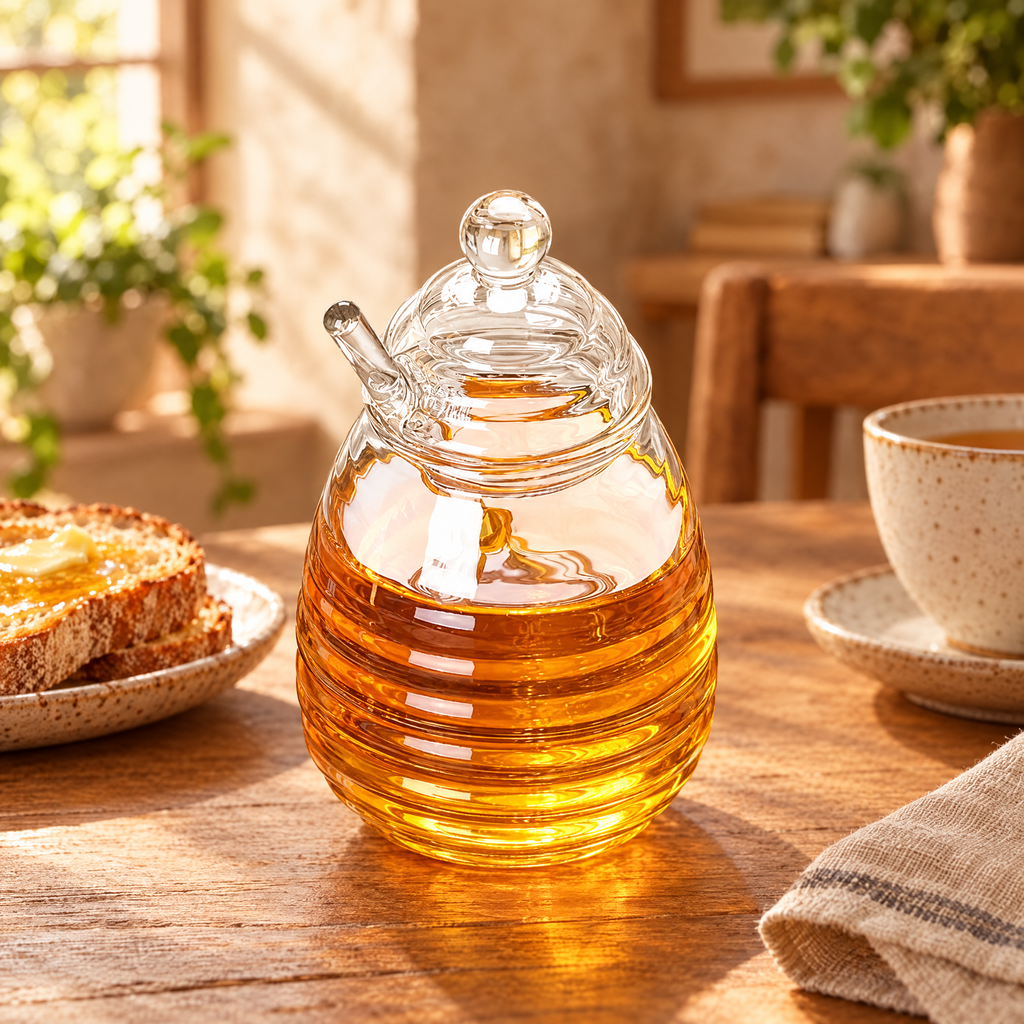 Beehive glass honey pot with dipper on a breakfast table