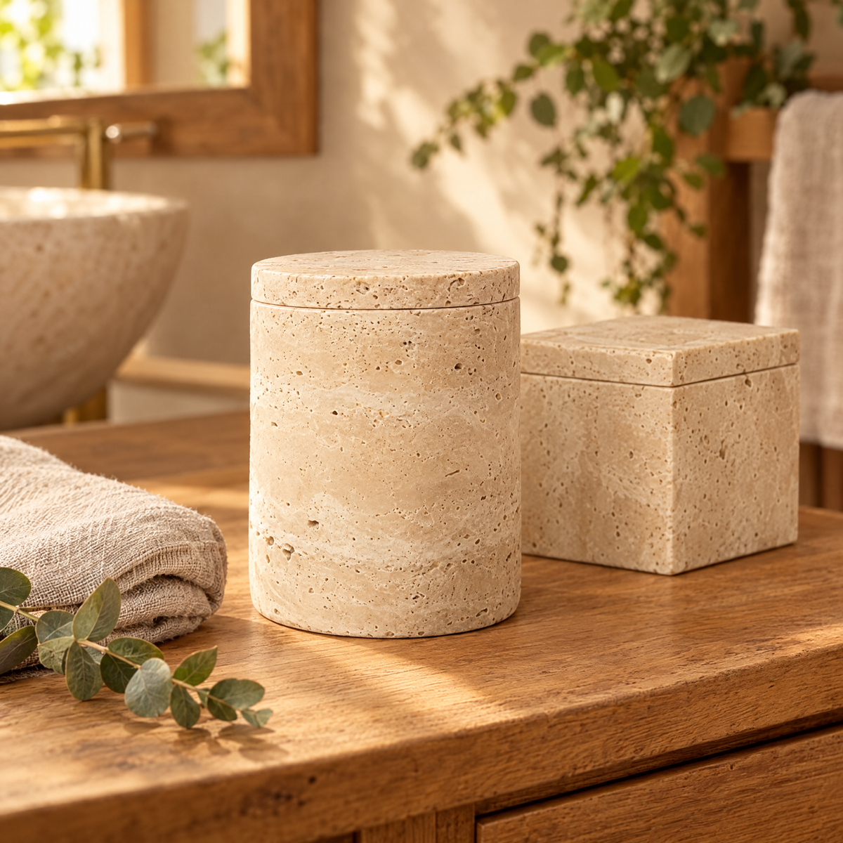 Travertine round canister and square box on a wooden bathroom vanity
