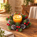 Pinecone and berry candle ring around a glowing candle on a rustic table