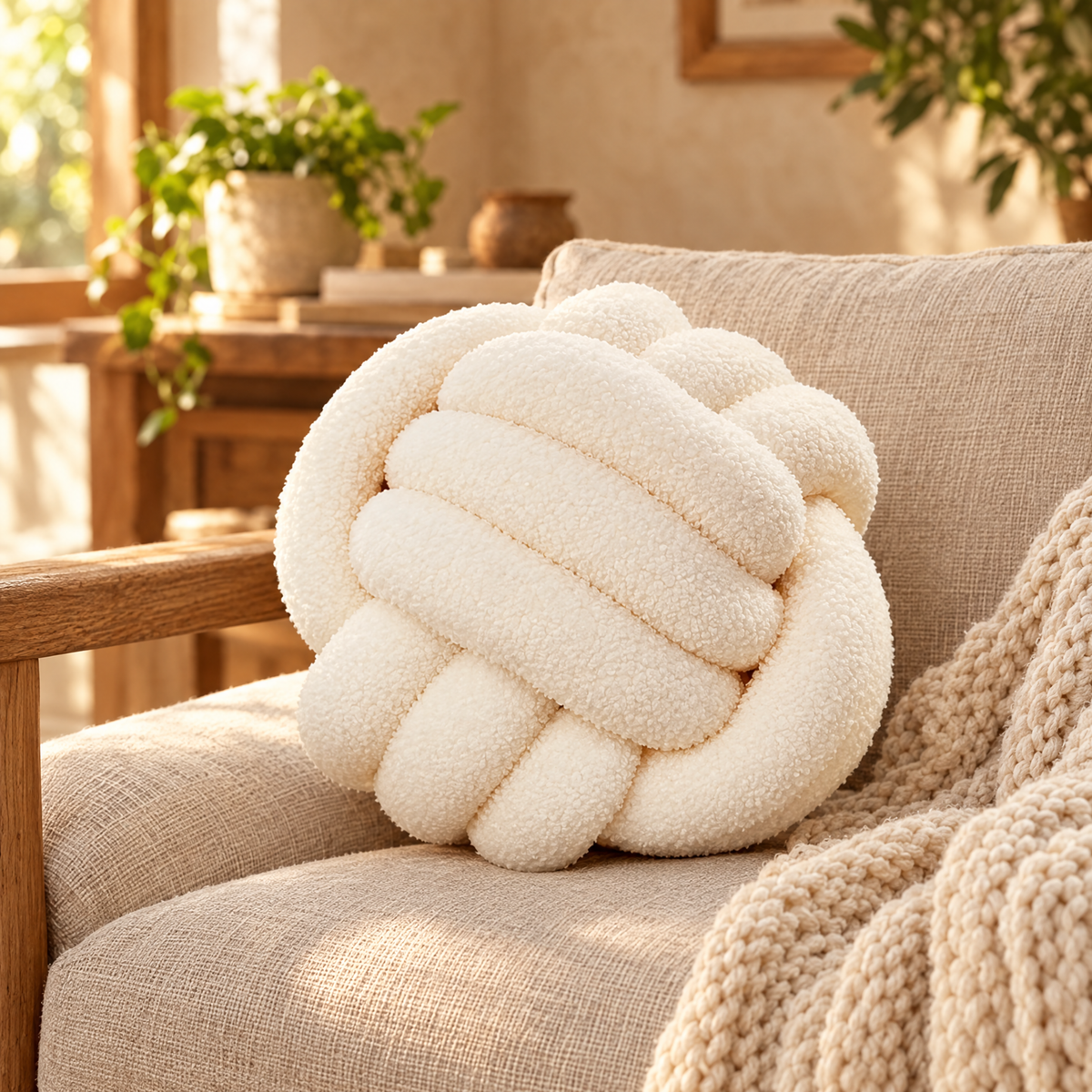 Cream knot pillow on a linen armchair with a chunky knit throw