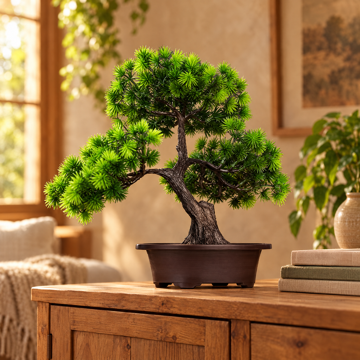 Faux pine bonsai in a brown pot on a wooden sideboard