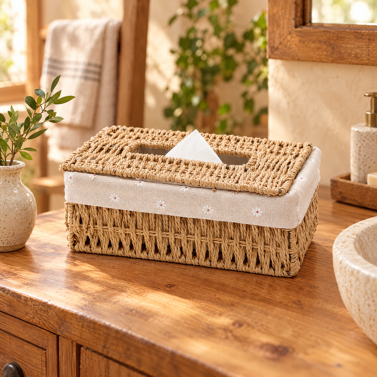 Handwoven rattan tissue box on a wooden bathroom vanity