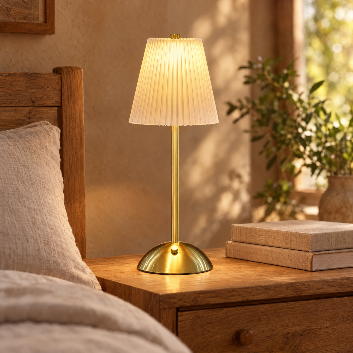 Pleated cordless table lamp glowing on a wooden bedside table