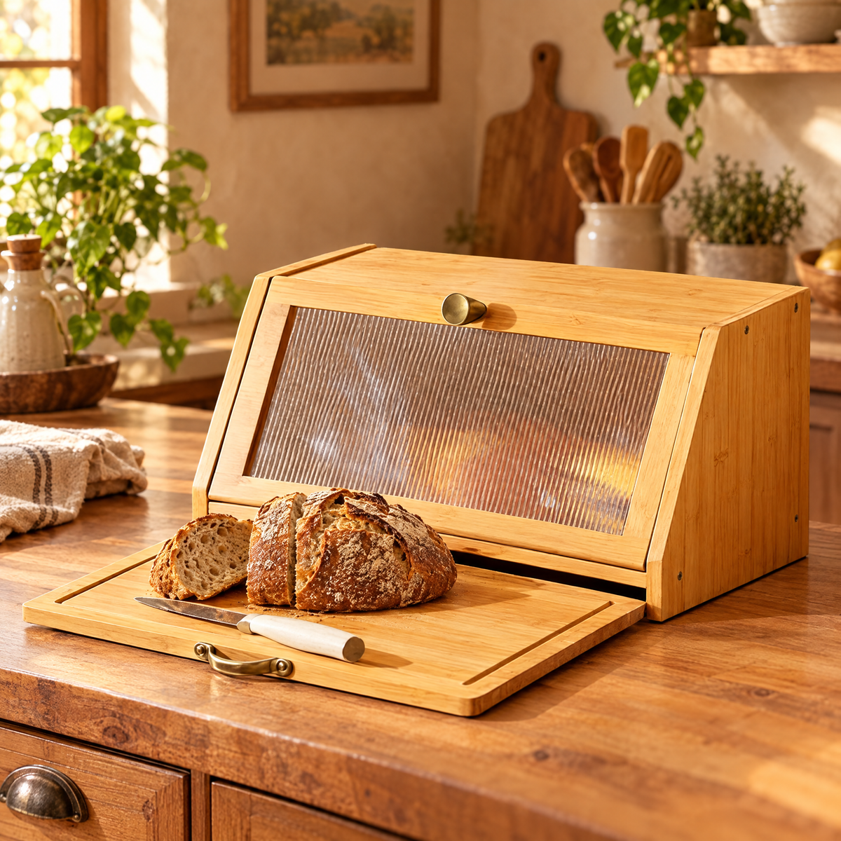 Bamboo bread box with cutting board and sourdough loaf on a kitchen counter