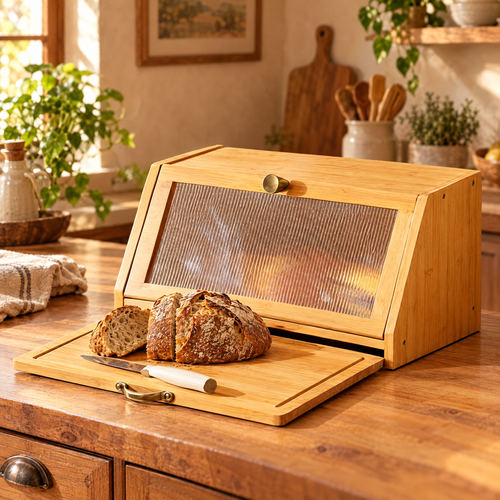 Bamboo bread box with cutting board and sourdough loaf on a kitchen counter