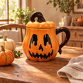 Jack-o'-lantern pumpkin mug with lid on a wooden table