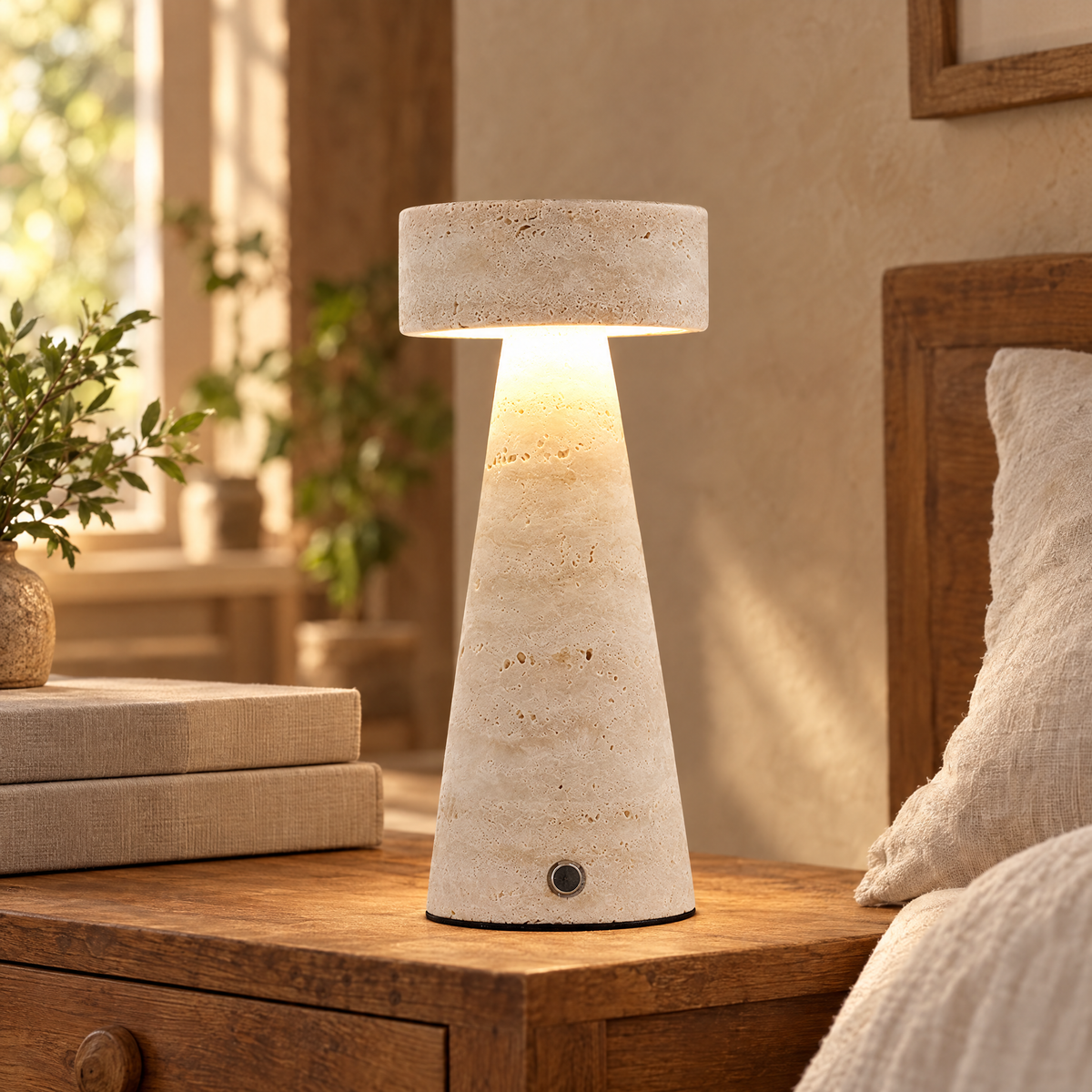 Travertine table lamp glowing on a wooden nightstand