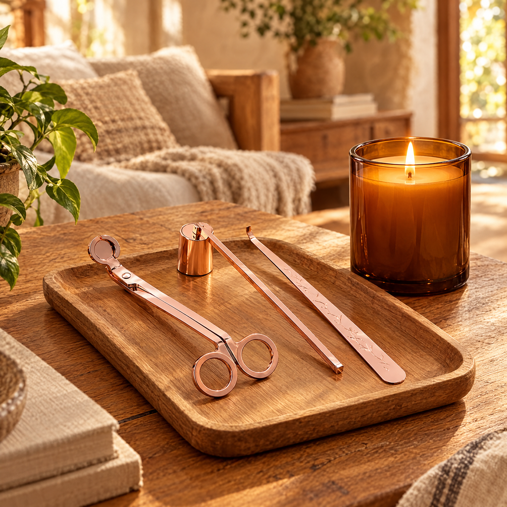 Rose gold candle care kit on a wooden tray beside a lit candle