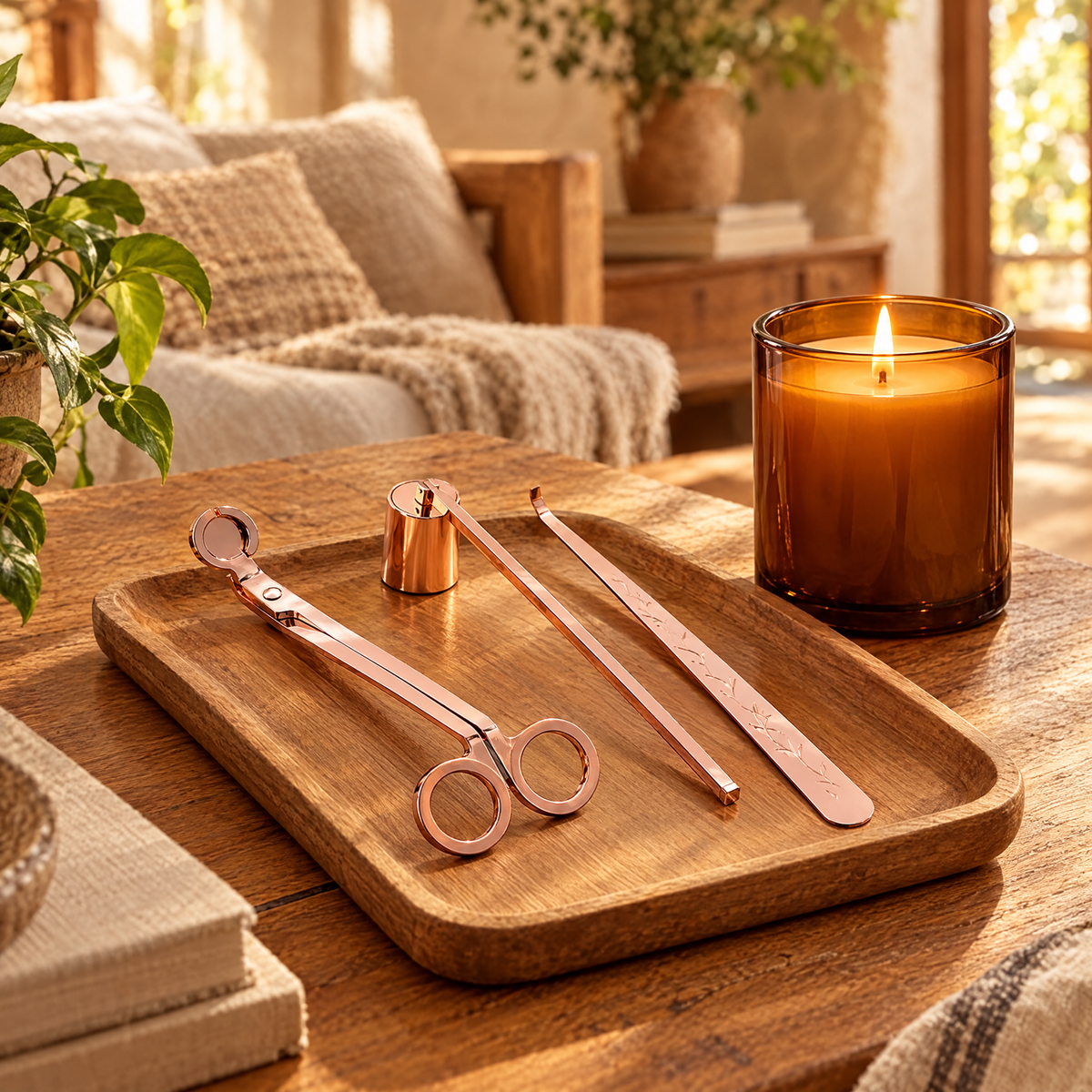 Rose gold candle care kit on a wooden tray beside a lit candle