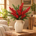 Red holly berry stems with pine in a cream jug vase on a wooden side table