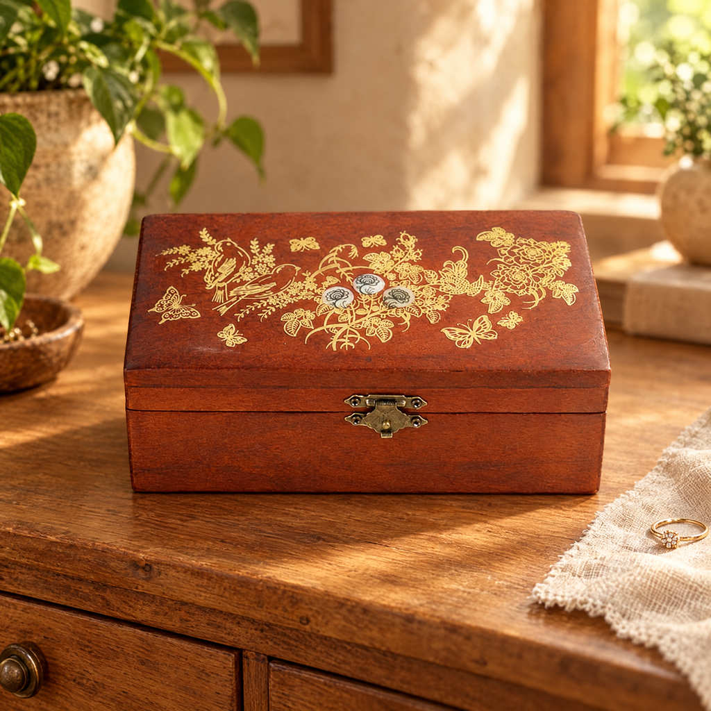 Carved wooden jewelry box with mother-of-pearl floral inlay on a wooden dresser