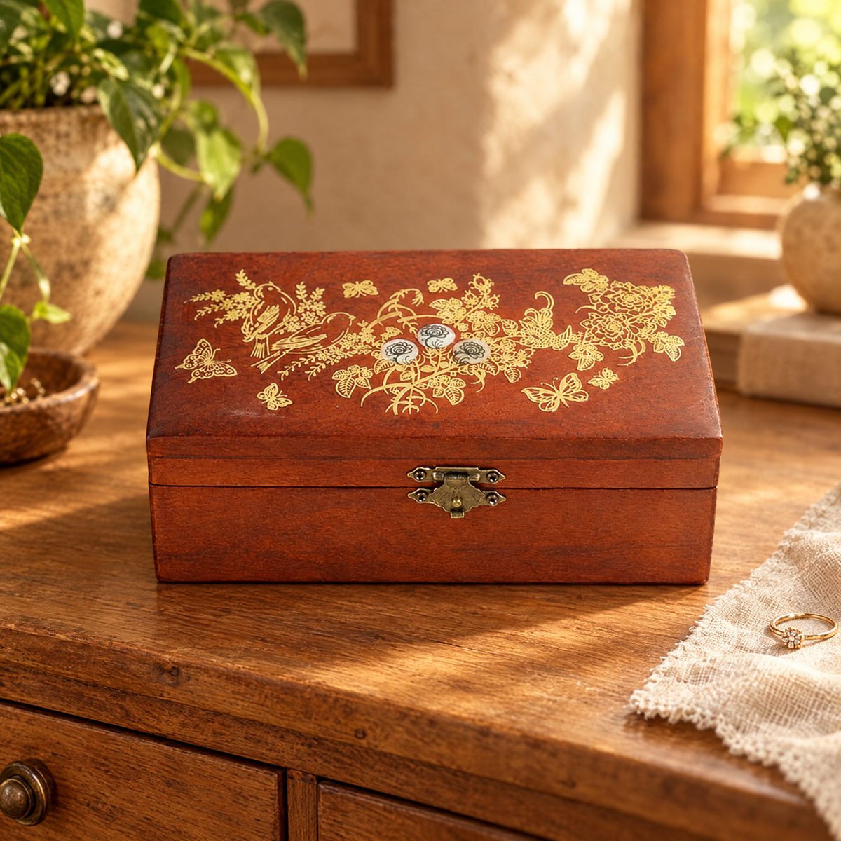 Carved wooden jewelry box with mother-of-pearl floral inlay on a wooden dresser