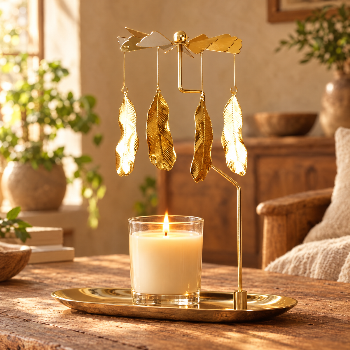 Gold spinning candle carousel with a lit candle on a rustic wooden table