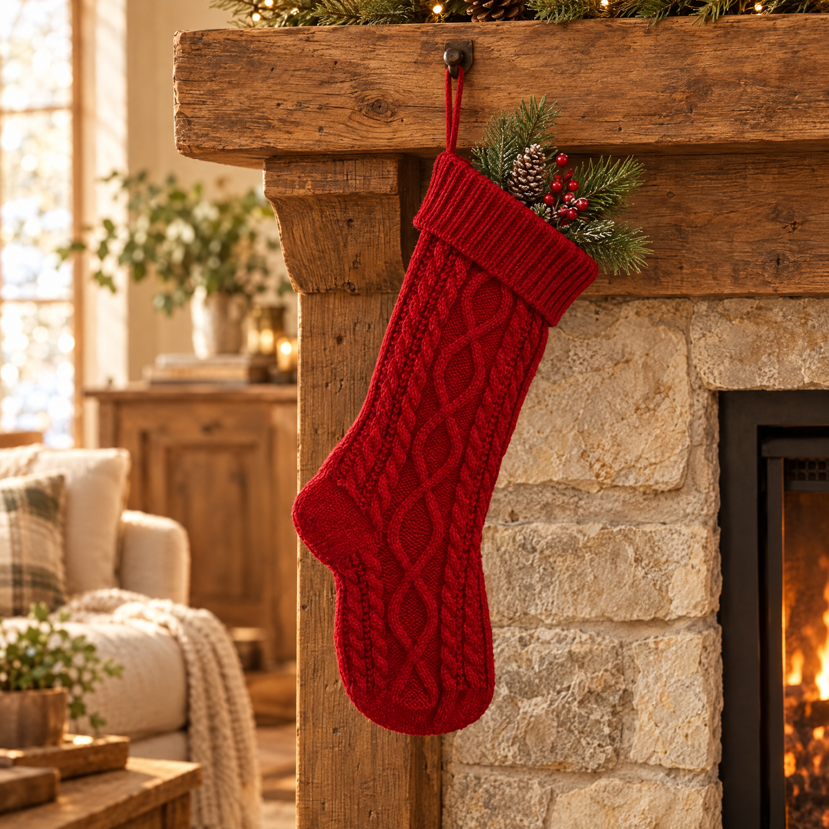 Red cable knit Christmas stocking hanging from a rustic wooden mantel