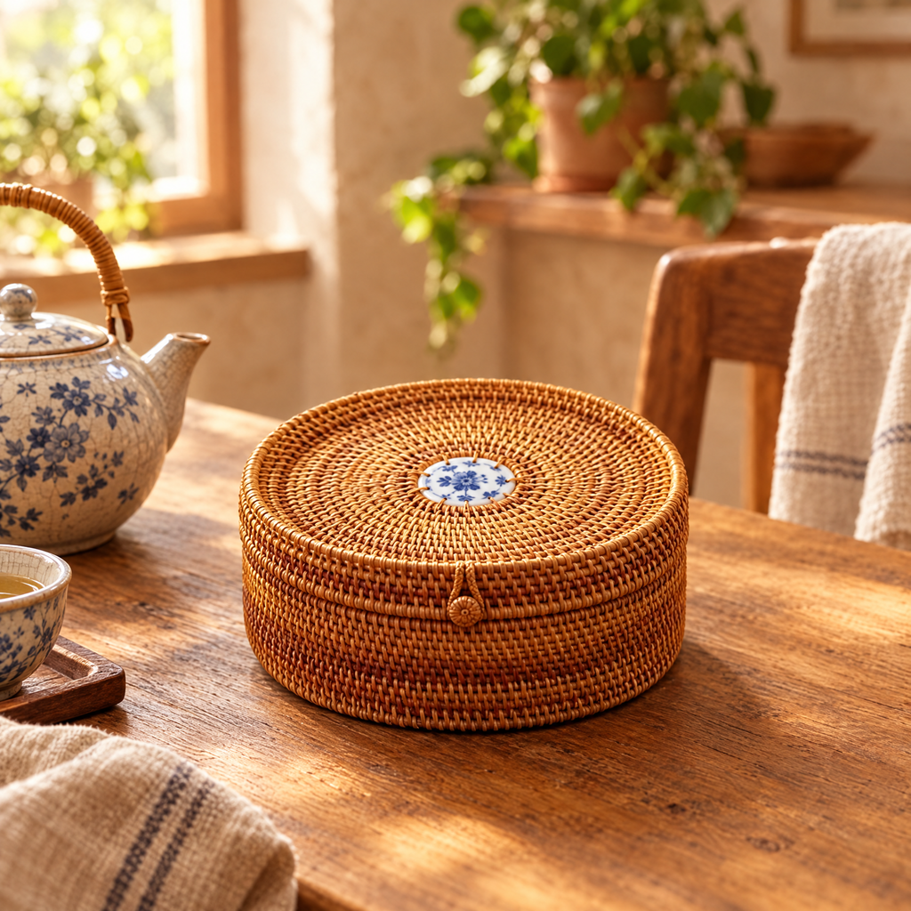 Handwoven rattan storage box with porcelain inlay lid on a wooden counter