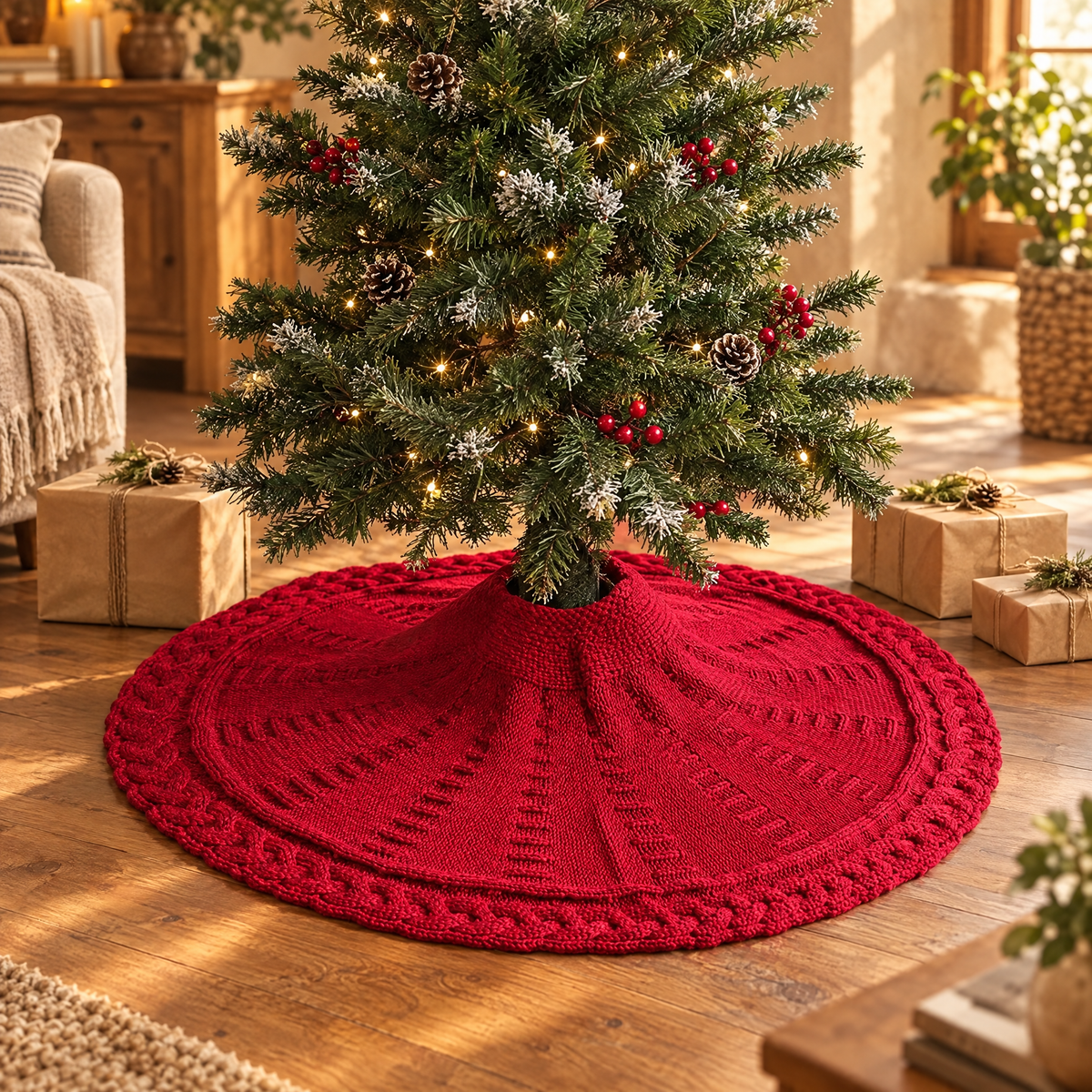 Red cable knit Christmas tree skirt under a tree in a cozy rustic living room