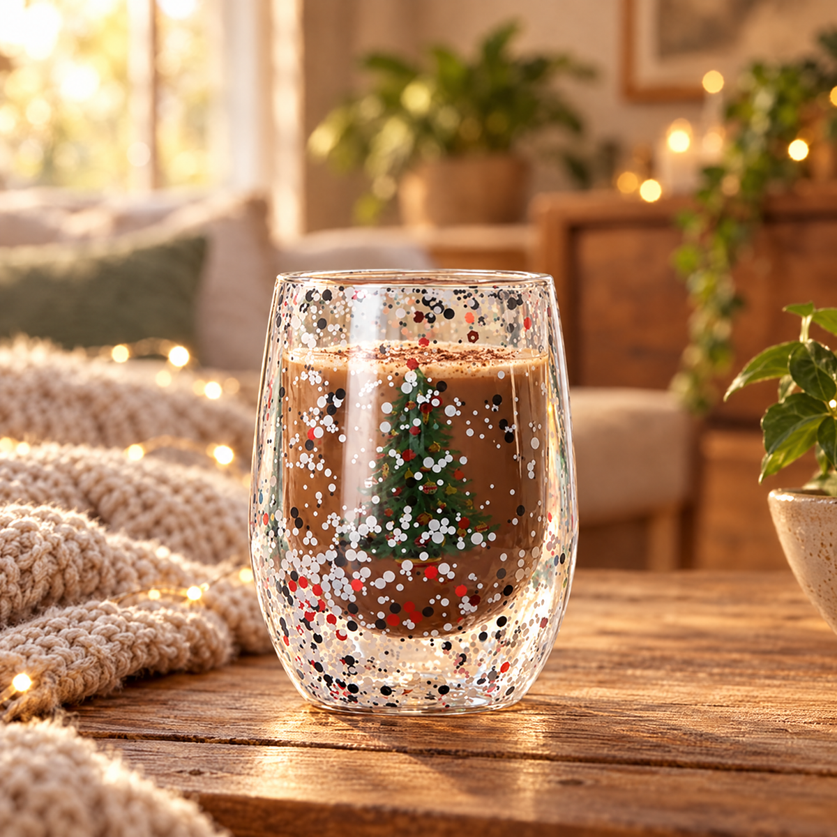 Christmas glitter double wall glass cup filled with hot cocoa on a wooden table