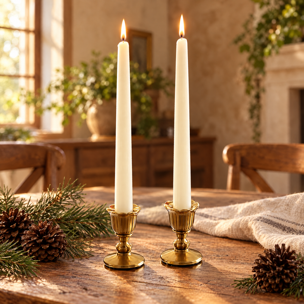 Two vintage brass candlesticks with lit ivory tapers on a rustic table with pinecones