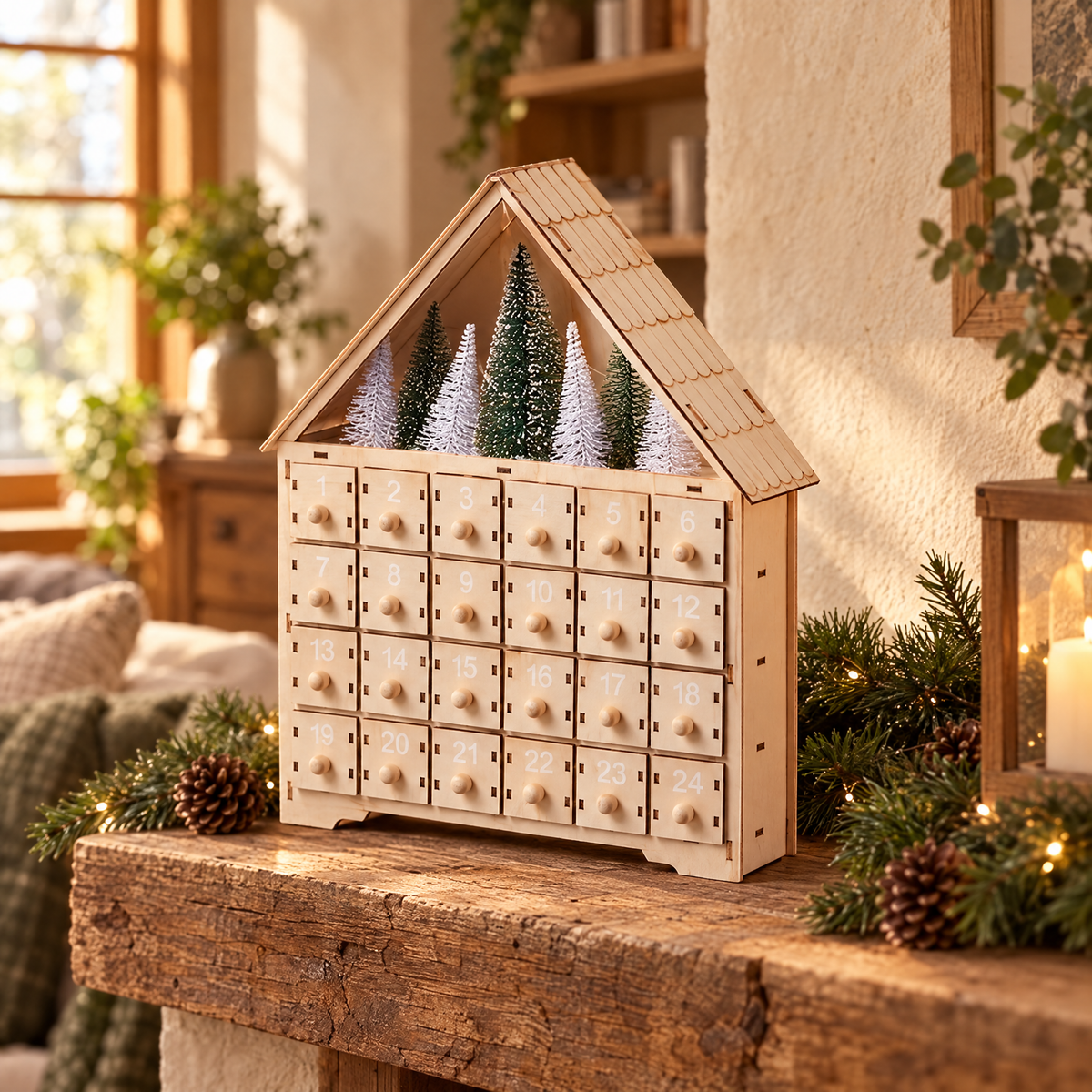 Wooden advent calendar house with 24 drawers on a rustic mantel
