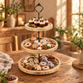 3-tier wooden serving stand filled with holiday cookies and cupcakes