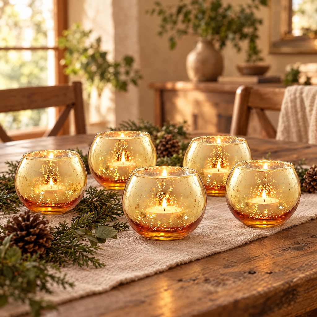 Gold mercury glass votive holders glowing on a rustic wooden table