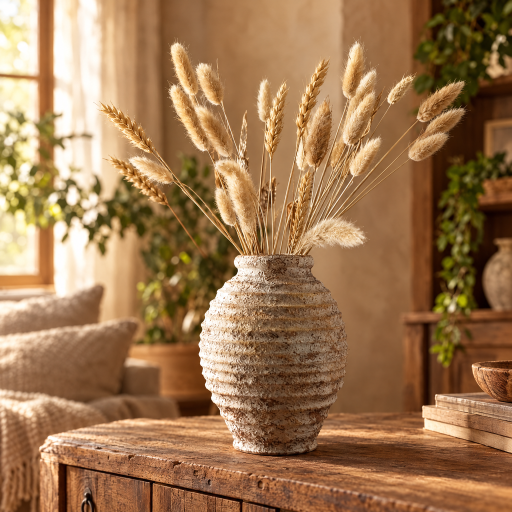 Rustic clay pottery vase with dried wheat on a wooden sideboard
