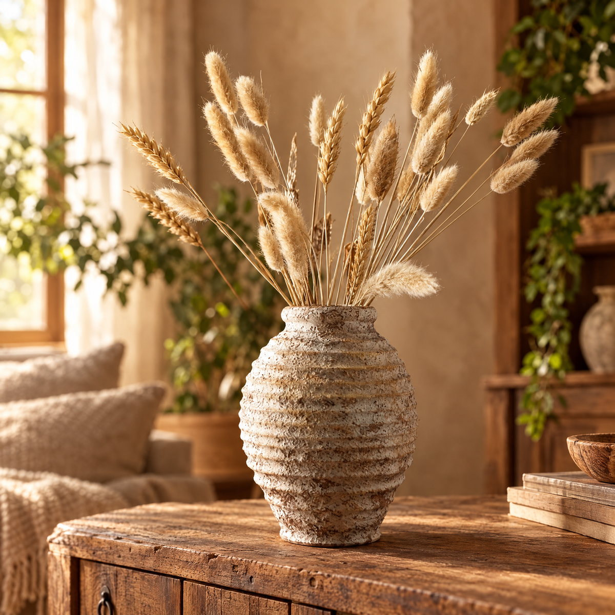 Rustic clay pottery vase with dried wheat on a wooden sideboard