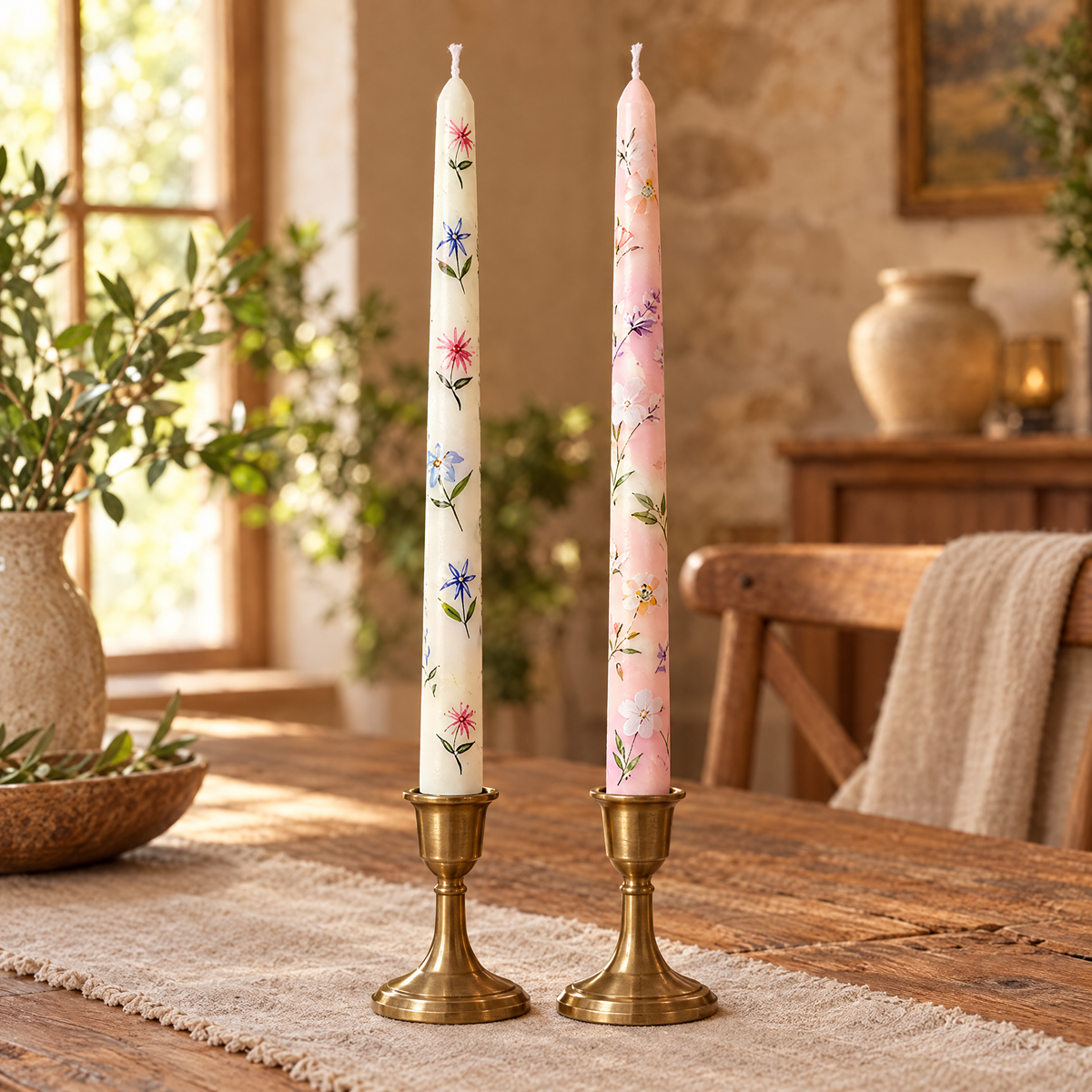 Two floral printed taper candles in brass candlesticks on a dining table