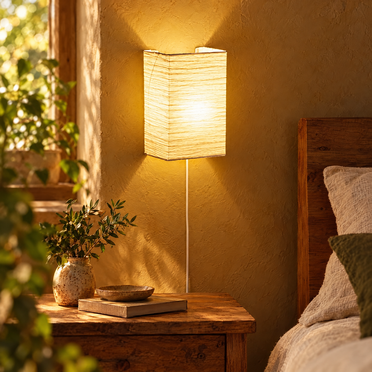 Paper wall lamp glowing above a wooden bedside table