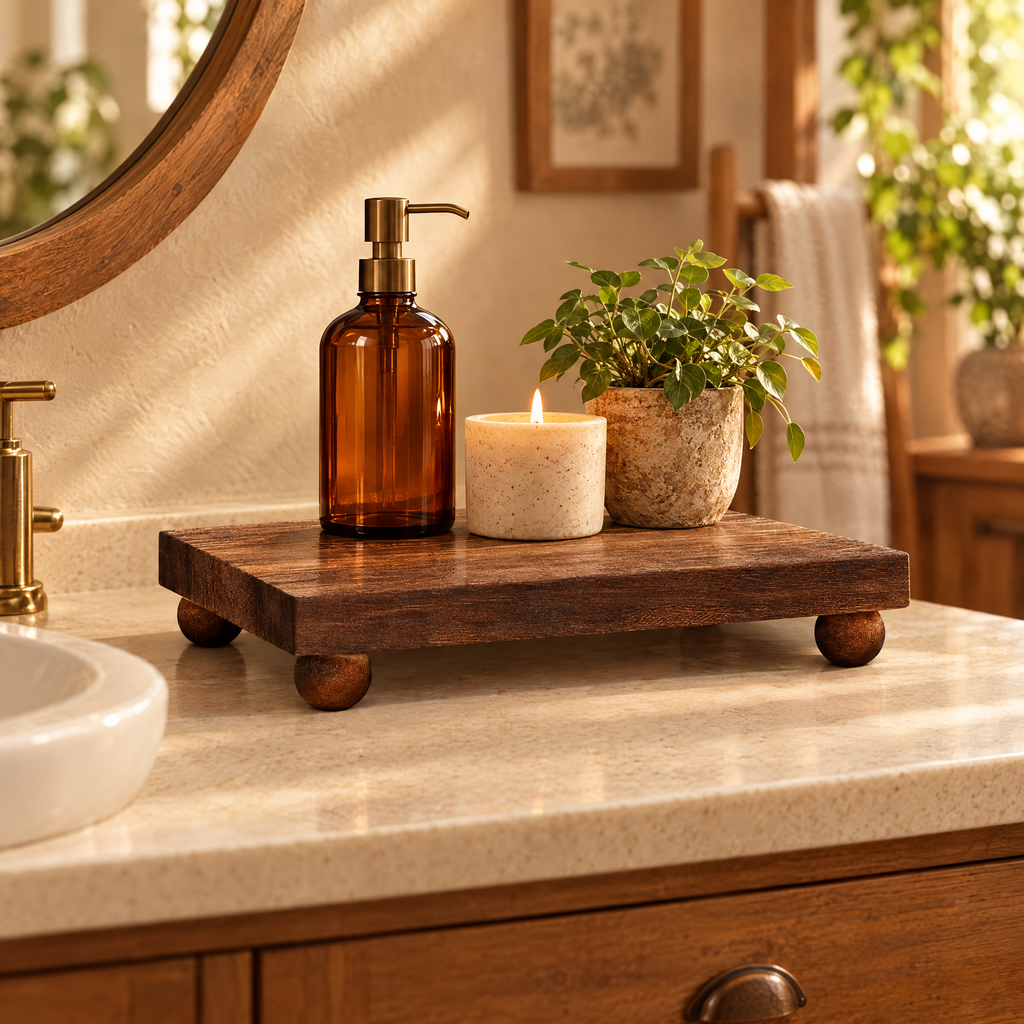 Wooden pedestal riser holding soap, candle and plant by a bathroom sink