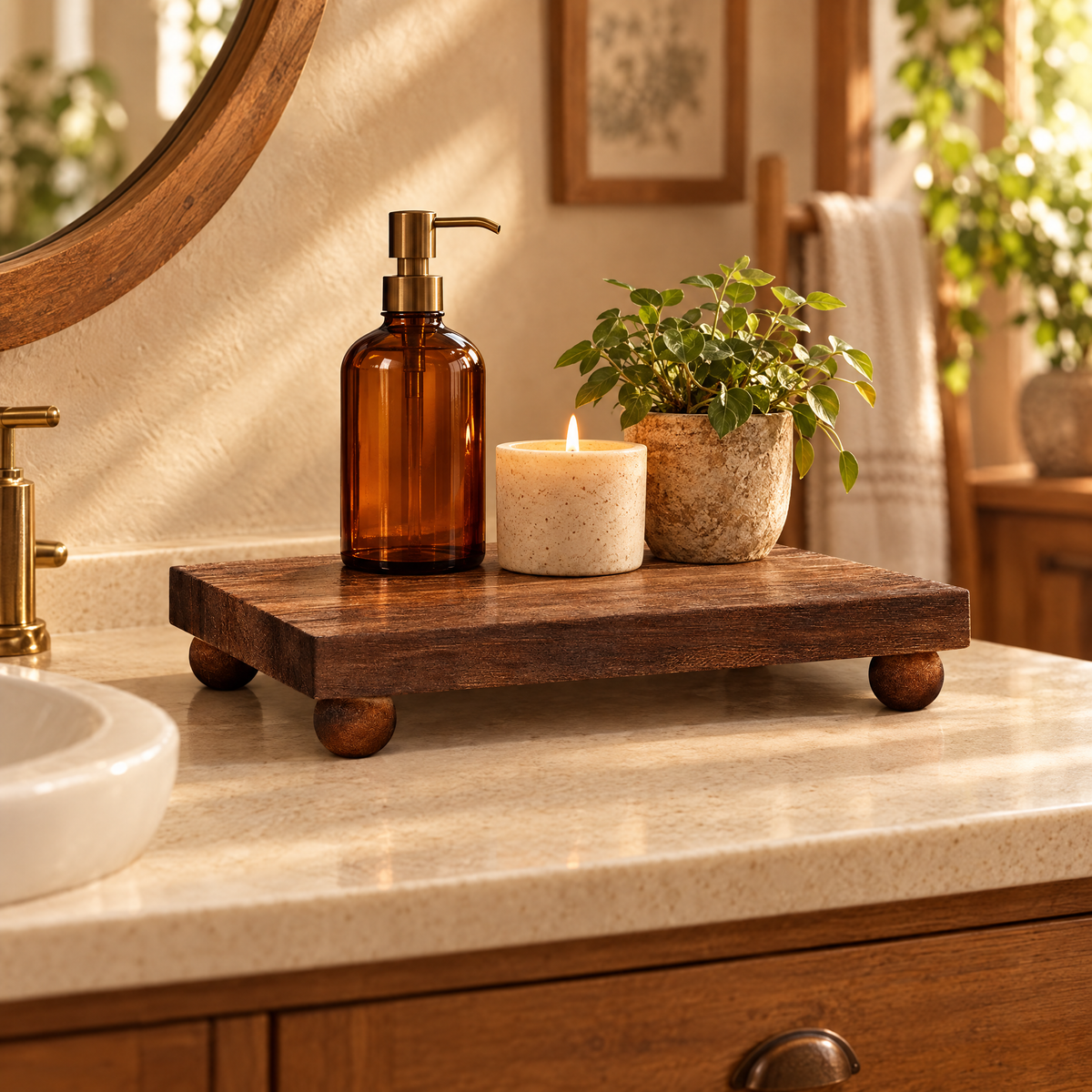 Wooden pedestal riser holding soap, candle and plant by a bathroom sink