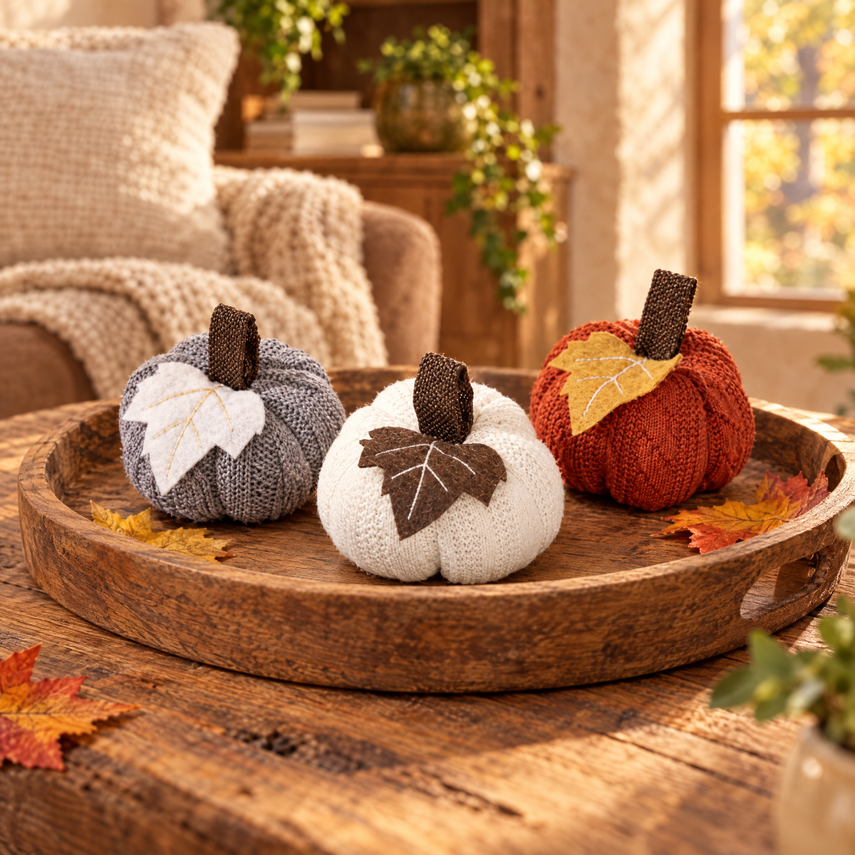 Three knit pumpkins in gray, white and orange on a wooden tray